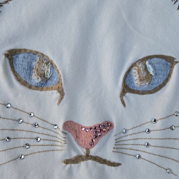 Vintage 80s Cat Face Tank Top size M Embroidered Rhinestone White V Neck - Picture 2 of 7